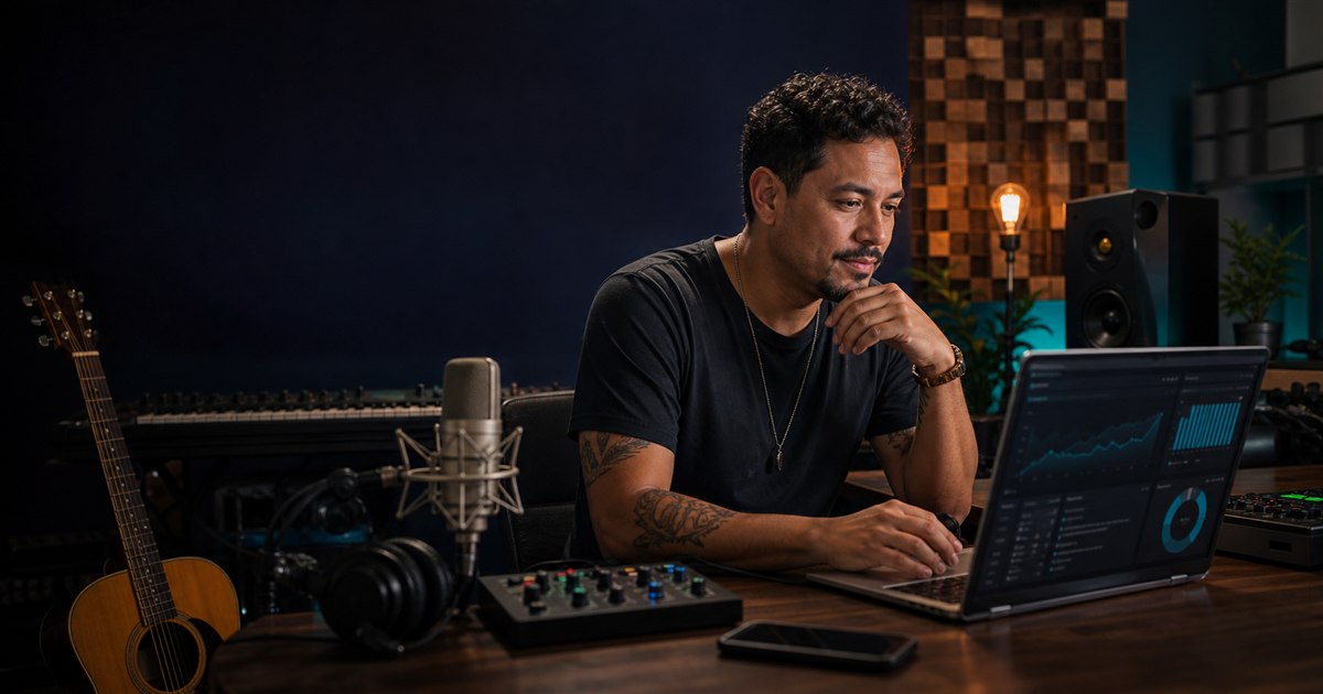 Male musician reviewing release, audience, and direct-sales activity in his recording studio